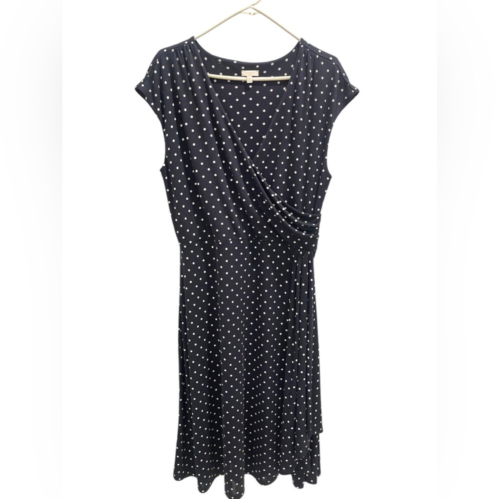 Talbots Polka Dots Ruched Midi Dress Navy Blue & White Woman’s Size XL
